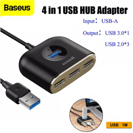 Baseus Square Round 4 In 1 Usb Hub Adapter (usb3.0 To Usb3.0*1+usb2.0*3) 1m Cable - Black
